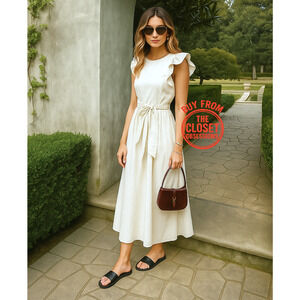 ZARA Ruffled Midi Dress NWT | Ecru Cotton Fit & Flare Belted Size M/L